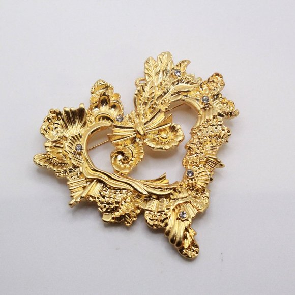 HIGH END GOLD PLATE FRENCH COUTURE HEART LARGE BROOCH - Picture 1 of 8